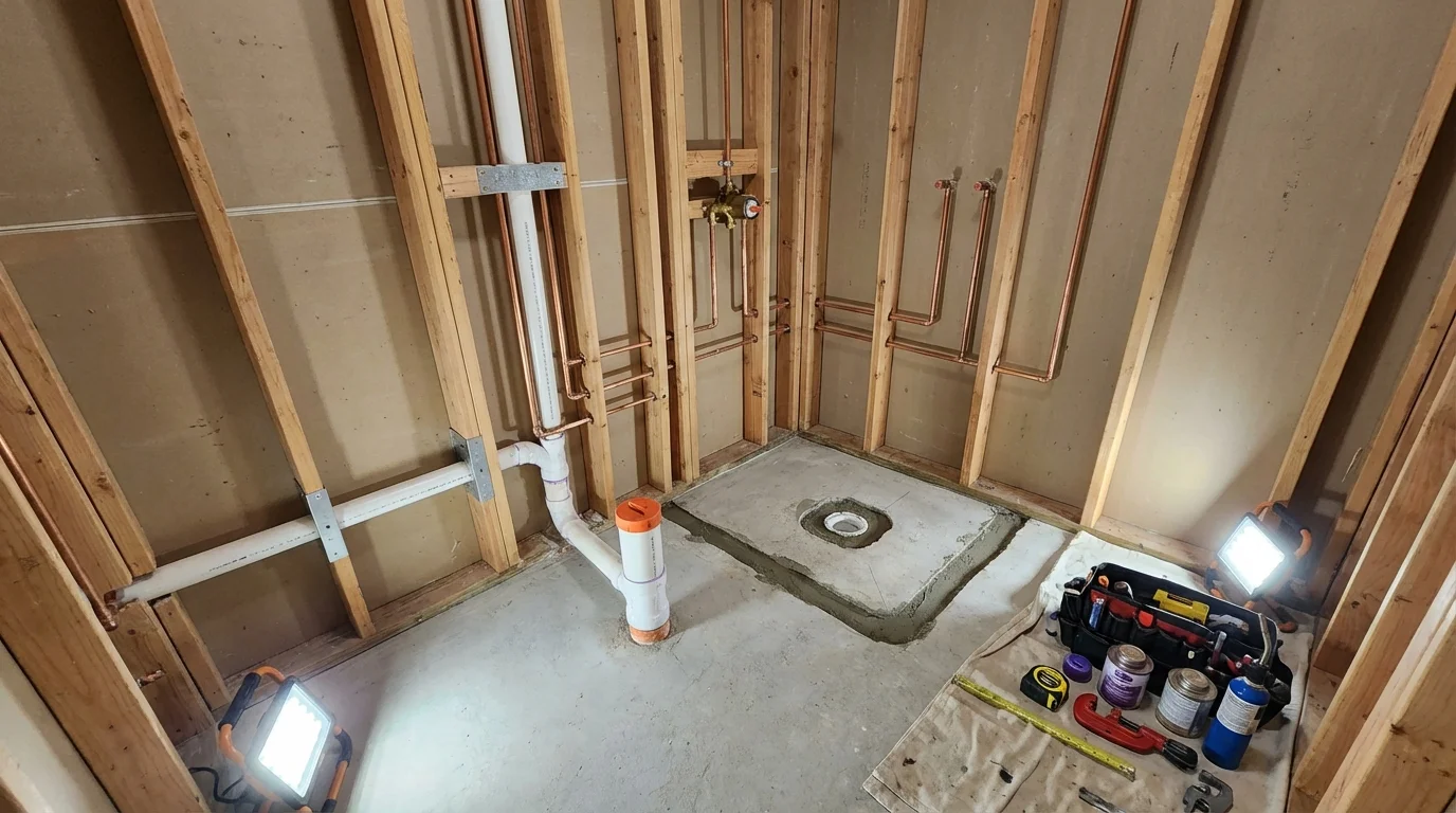 Bathroom rough-in plumbing during remodel by Johns Plumbing LLC in Carnesville