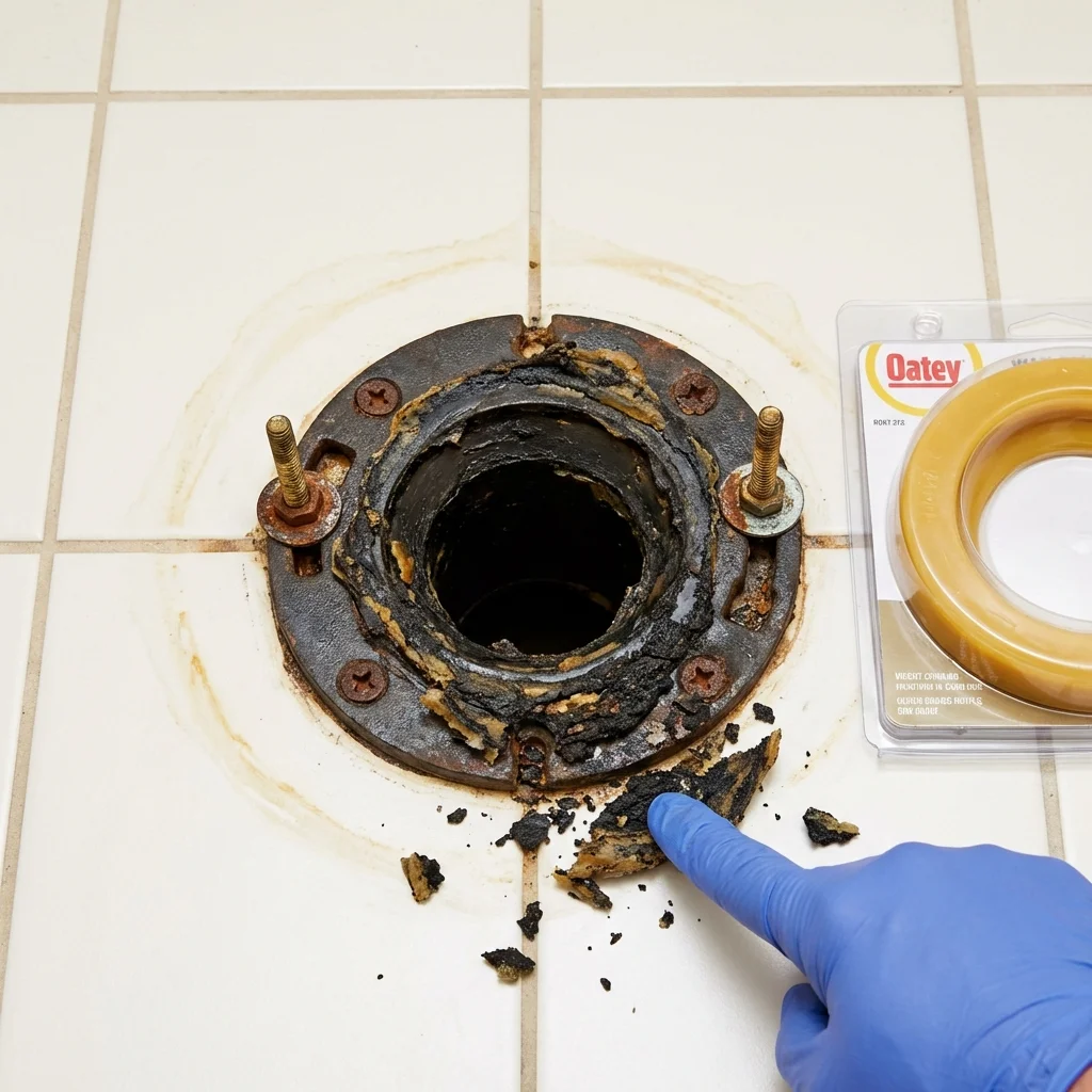 Failed wax ring showing water seepage at the base of a toilet in a Carnesville, GA home