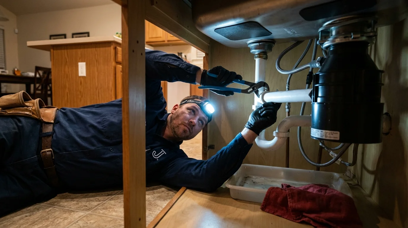 P-trap and supply line connections under a kitchen sink showing a common leak point in Carnesville, GA